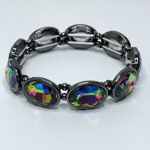 Gun Metal Black AB Glass Oval Cut Stretch Bracelet Gothic Statement 6.5"